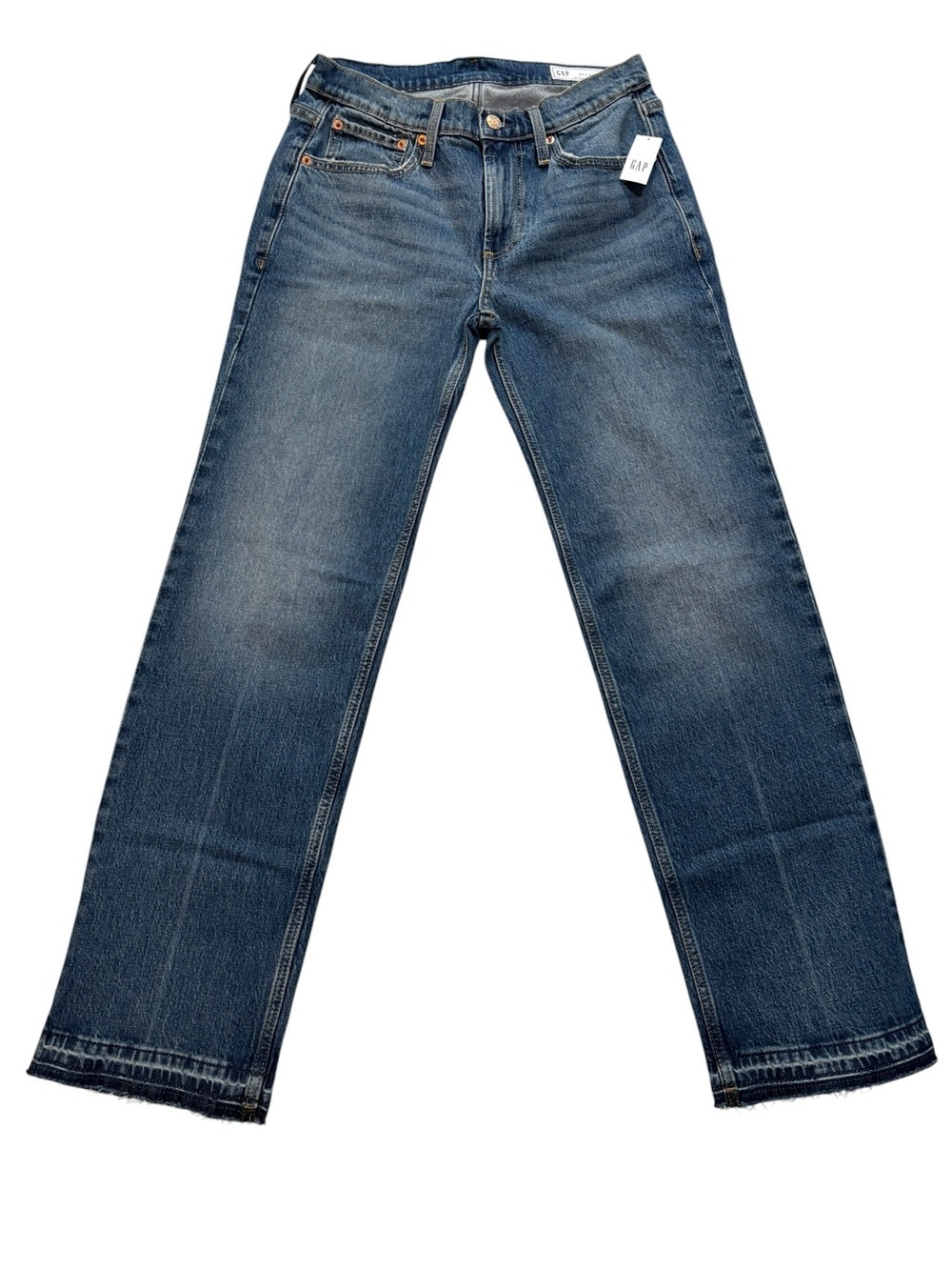 GAP Jeans, NWT, Relaxed Straight-Leg Raw Hem, Size 4, Size 27, Medium Blue Denim